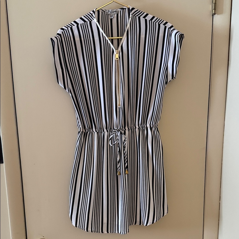 Black and white striped dress with gold zipper